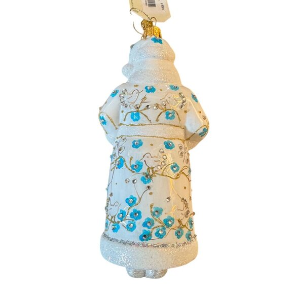 Hand-Painted JingleNog Santa Ornament With Blue & Gold Floral Details - Picture 4 of 13